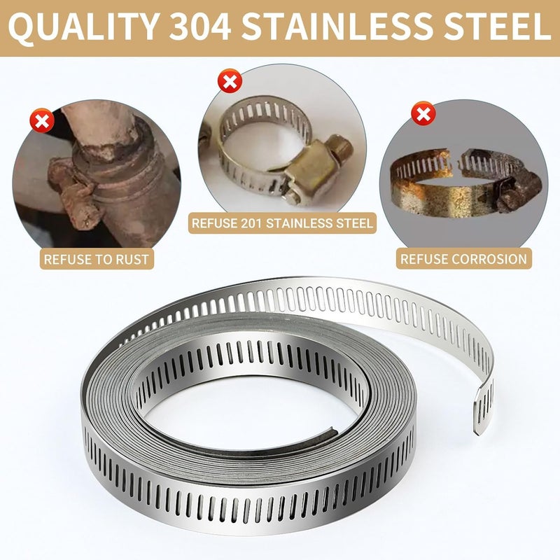 SMLCON 304 Stainless Steel Hose Clamps - For DIY,Cut-To-Fit 11.5 FT Metal Strap + 10 Stronger Fasteners Assortment Kit Large Adjustable Worm Gear Band Screw Clamps Duct Pipe Metal Clamp Strapping - Image 4